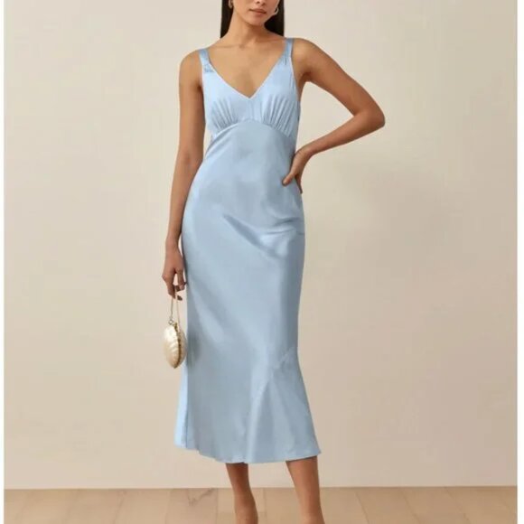 Reformation Dresses & Skirts - Reformation Daytona Midi Dress Small Mineral Blue Silk Party Cocktail Wedding